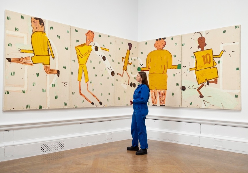 Installation view of the ‘Rose Wylie: the Picture Comes First' exhibition at the Royal Academy of
Arts, London (28 February - 19 April 2026), showing Rose Wylie, Yellow Strip, 2006. Courtesy the
artist and David Zwirner. Photo © Royal Academy of Arts, London / David Parry. © Rose Wylie