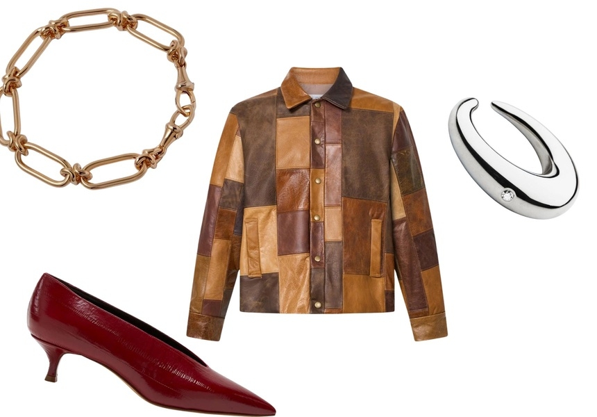 L-R: Annoushka Knuckle heavy chain bracelet, Le Monde Beryl Bobouche kitten heel, ELV Denim Bailey bomber, Luminous 27 Criolla Chiquita silver ear cuff.