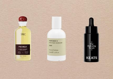 L-R: 39BC fig milk body oil cleanser, Perfumer H x Studio Nicholson soap fragrance, Keats Beauty essentials bundle