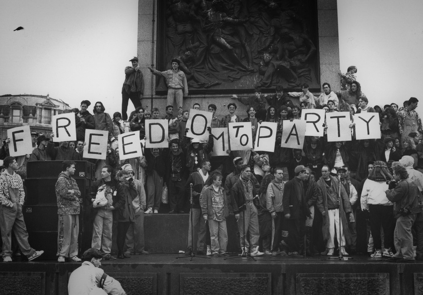 © Alexander Apperley / Museum of Youth Culture. Entertainments Bill Protestors at the Freedom to Party rally, Trafalgar Square, London, 1990s