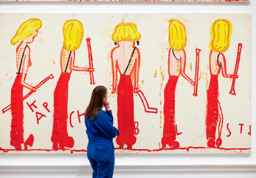 Installation view of the ‘Rose Wylie: the Picture Comes First' exhibition at the Royal Academy of
Arts, London (28 February - 19 April 2026), showing Rose Wylie, NK (Syracuse Line-up), 2014.
Courtesy private collection, CHOI&CHOI Gallery and JARILAGER Gallery. Photo © Royal
Academy of Arts, London / David Parry. © Rose Wylie