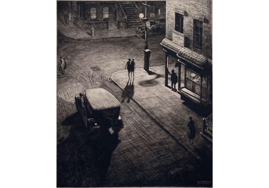 Martin Lewis: Relics (Speakeasy Corner), 1928. Signed in pencil. LOPF 2026: Allinson Gallery, Inc., Online Exhibitor