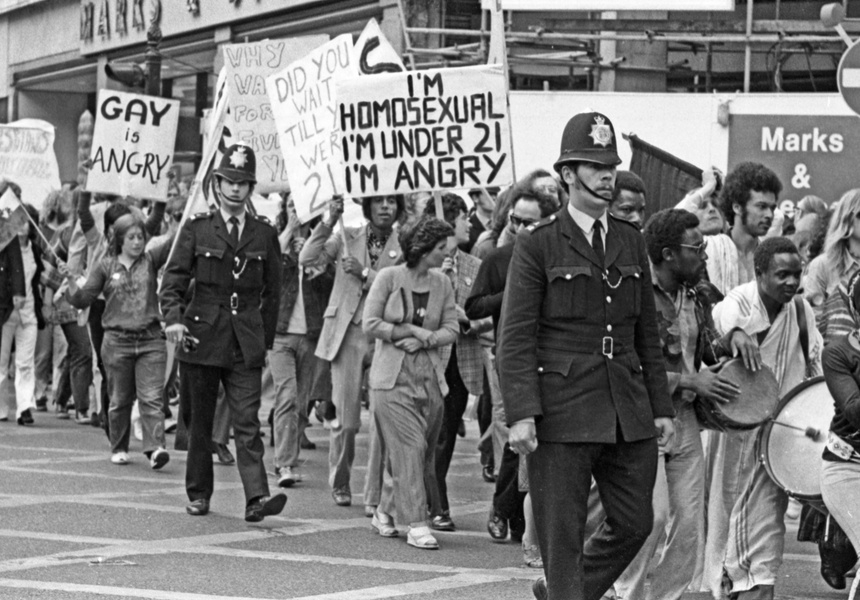 © Peter Bull / Museum of Youth Culture. Protest march against the age of consent organised by The Gay Liberation Front youth wing, London, 1971