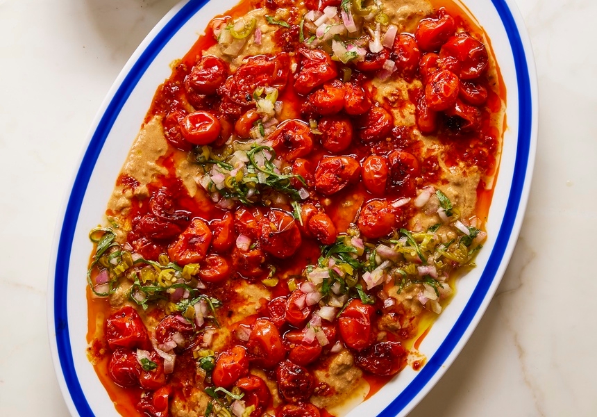 Ful Medames, Harissa Roast Tomatoes & Pickled Chilli Salsa. Centrepiece by Helen Graham. Published by Hamlyn.