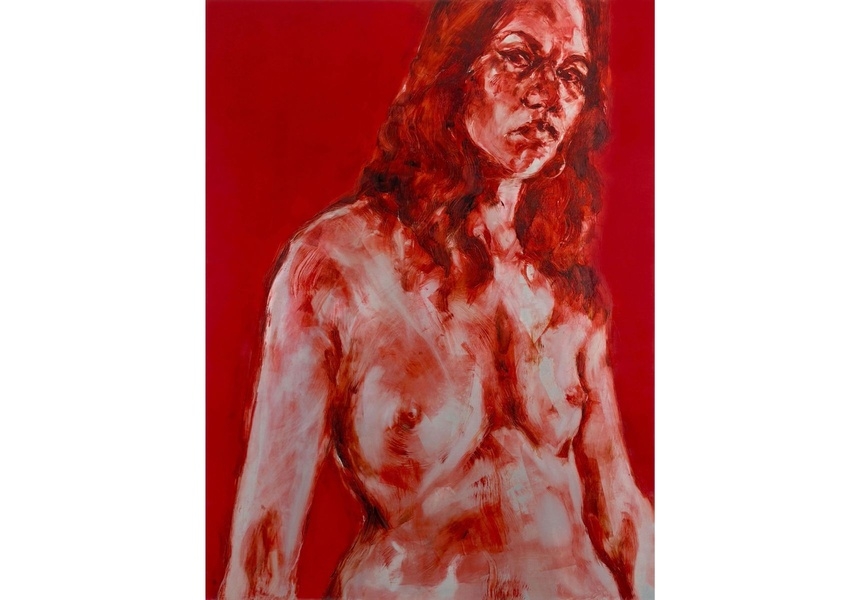 Chloe Barnes: Self Portrait (Bleeding), 2026. Etching ink painting on aluminium panel. LOPF 2026: Julian Page, STAND W7